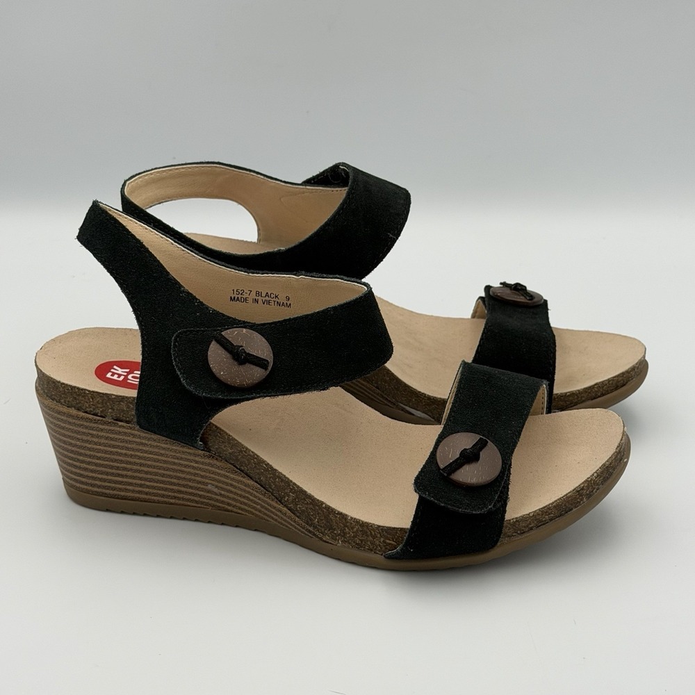 Ekoes Comfort Wedge Sandals Womens 9 Black Slingback Cork Style Platform
